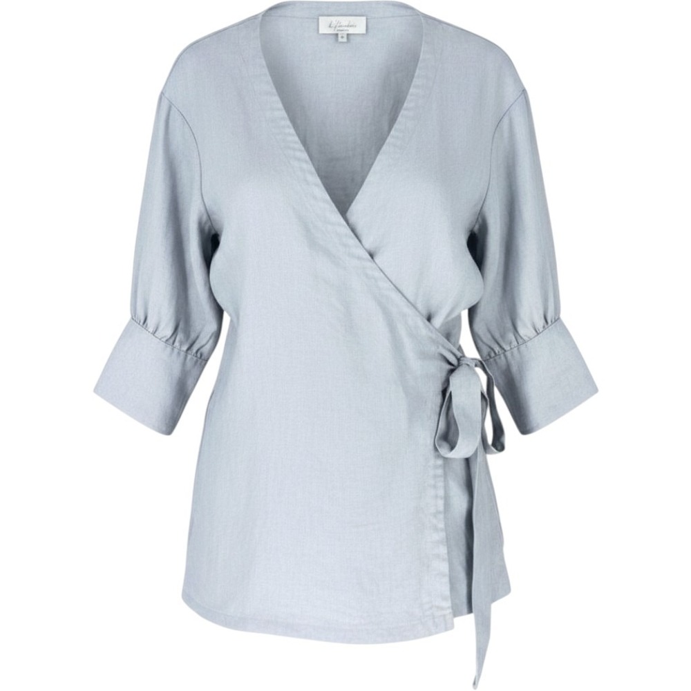 L'Academie Light Blue 100% Linen Wrap Top V-Neck Tie Waist Blouse XXS